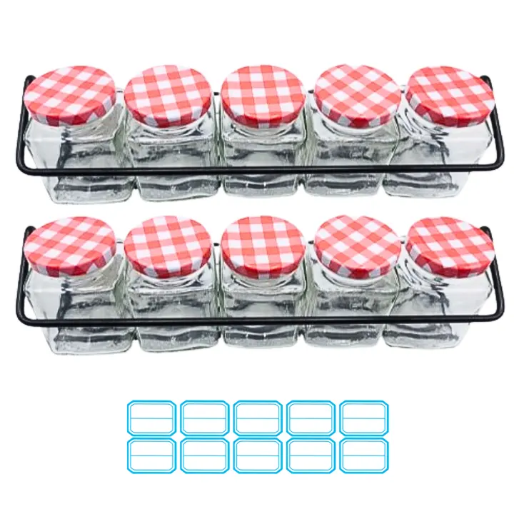 MundoTarros - 2 Especieros Negros de Metal + 10 Botes Cuadrados de Cristal de 120 gramos de capacidad con Tapas Metálicas - Estante Colgante de Metal para Condimentos con 10 Tarros de Cristal - 1