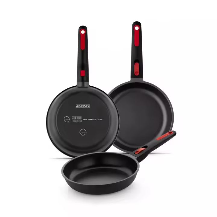 Monix In Out - Set 3 Sartenes Antiadherentes, Lote 18, 22 y 26 cm, Aluminio Fundido, Mango Extraíble y Ergonómico, Utensilio Cocina - 1