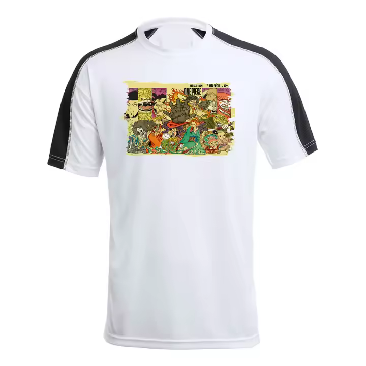 MERCHANDMANIA CAMISETA TÉCNICA FRANJA MANGAS NEGRA one piece rey pirata wano samurais katana tshirt anime manga shonen - 1
