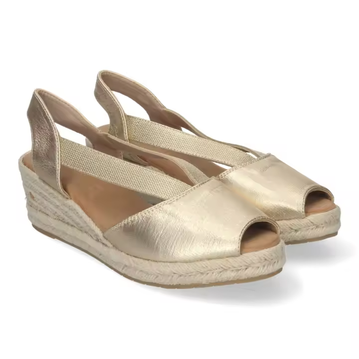 PuntoSalao Sandalias doradas de cuña media en yute pala abierta para mujer CF-3044 - 1