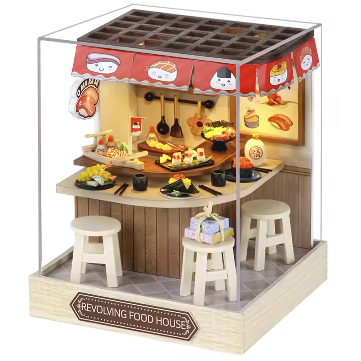 DAM. Colección Rincón de la felicidad, Casa de comidas ambulante. Maqueta 3D realista con gran detalle, cubierta antipolvo y luces led. 9x9x12cm. - 1