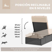 Outsunny Tumbona de Ratán Reclinable Tumbona para Jardín con Respaldo Ajustable en 5 Niveles Mesita y Cojín Carga 120 kg para Patio Terraza Negro y Beige - details 3