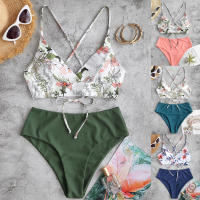 Bikini De Mujer Con Estampado Floral Traje De Baño De Dos Piezas Estilo Playa Sin Aros Cintura Baja Sin Almohadones Talla Grande - details 0