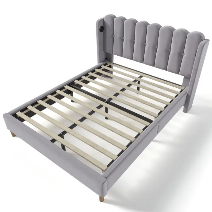 Cama Tapada Cama Doble with Carga USB C, somier with somier de lámparas, Cama tapizado en gris, somier 140x200 cm Cama Juvenil para dormitorio habitación Material de La hoja (with colchón) - 1