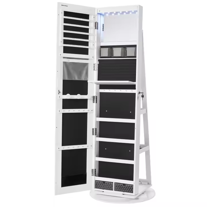 SONGMICS Espejo Joyero con 6 LEDs, Armario de Joyas de Giro de 360°, Organizador de Joyas Giratorio, sin Marco, Espejo Completo con Almacenaje, Superficie Ceniza y Forro Negro/Superficie Blanco y Forro Negro/Superficie Marrón Rústico, Forro Negro - 1