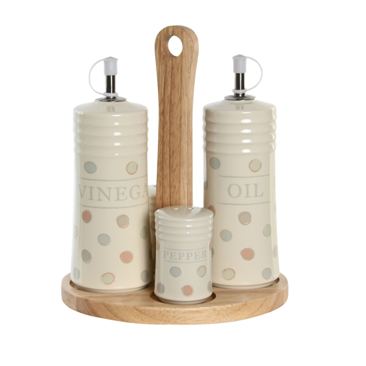 ACEITERA VINAGRERA SET 5 GRES COLOR TOPITOS BEIG LUNAR CON SOPORTE DE BAMBU TAPON ACERO CON GOMA  PRODUCTO MESA ACCESORIO COCINA