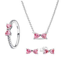 Juego De Joyas Finales Para Mujer Con Zirconia Rosa Y Nudo Original De Plata 925 Incluye Anillo Collar Brazaletes Y Aretes Regalo De Moda - details 0