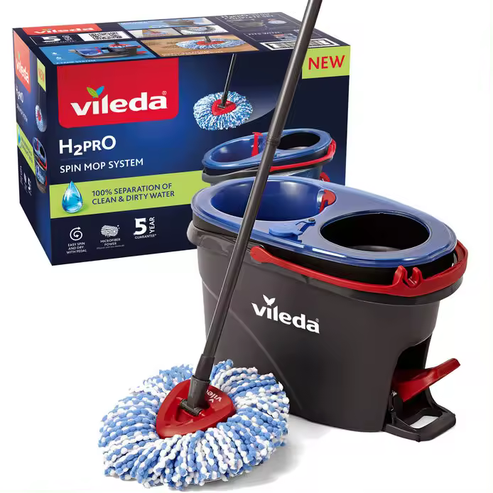Vileda Sistema Turbo H2PRO | Cubo de doble cámara para separación de agua limpia y sucia | Mopa triangular para llegar a esquinas y muebles | Cabezas de mopa lavables y reutilizables | Limpieza eficiente y sin esfuerzo - 1