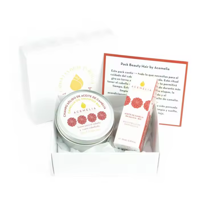 Pack Promoción Cuidado del Cabello de la Camelia de ACEMELIA con Champú sólido para el lavado del cabello y Aceite de camelia como acondicionador para todo tipo de pelos. Válido para Método Curly - 1