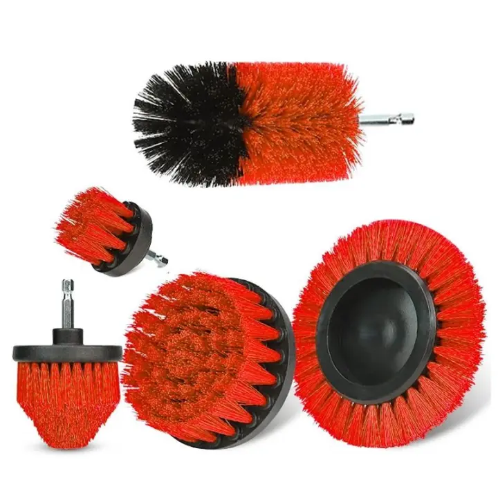 Kit De 5 Pinceles Rojos Para Taladro Eléctrico Limpieza De Coche Baño Y Cocina Cepillo Suave Herramientas De Cuidado Del Automóvil - 1