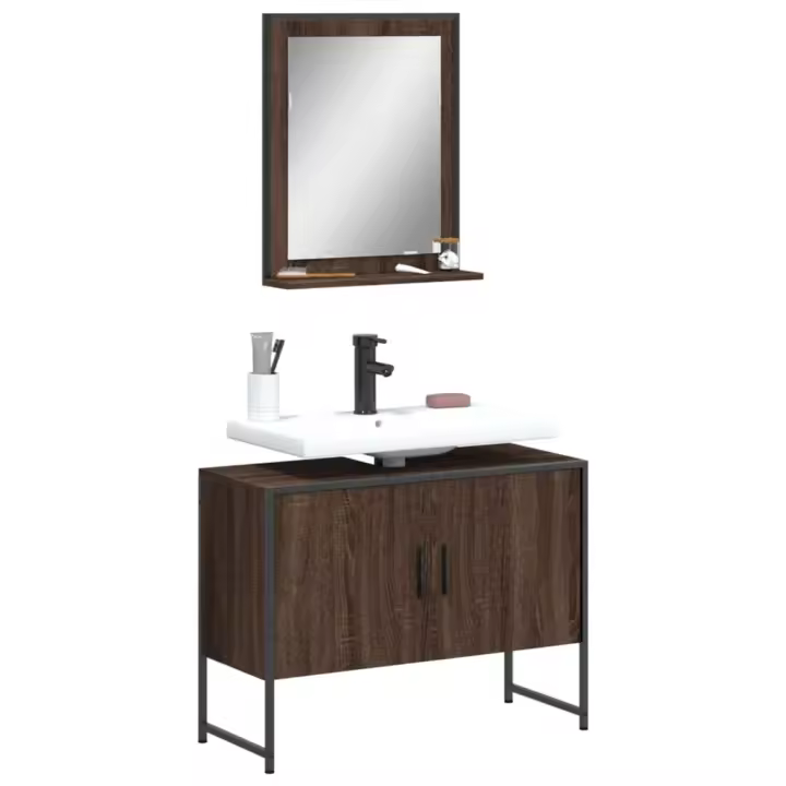 vidaXL Set de muebles de baño 2 pzas madera de ingeniería en color Roble Sonoma/Gris sonoma/Negro y más | almacenamiento funcional diseño moderno para baño dormitorio sala - 1