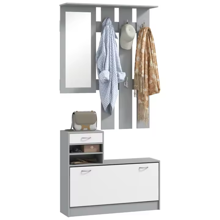 HOMCOM Recibidor de Entrada con Espejo Perchero y Zapatero Mueble de Recibidor de 2 Piezas con 6 Ganchos Estantes y Cajón Abatible para Pasillo - 1