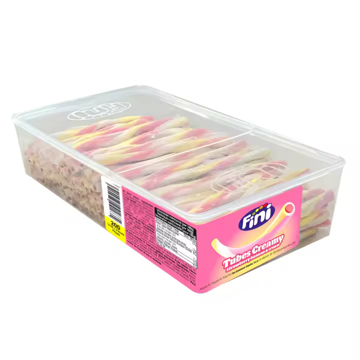 Fini Comprar Regaliz Fini Tubes Creamy Fresa y Platano Strawberry banana and cream  Regaliz Relleno  Estuche 200 Uds - 1