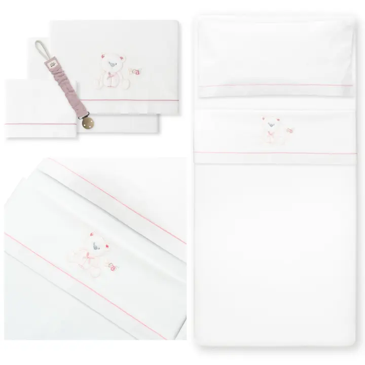 Interbaby Juego De Sábanas para Cuna 60 X 120 Cm, Bebe Primavera, Verano y Otoño Tipo 100% Algodón Extrasuave Fafricado en España - Mibebestore(bajera+encimera+funda Almohada+Broche Chupetero) - Oso Lazo Blanco/Rosa - 1