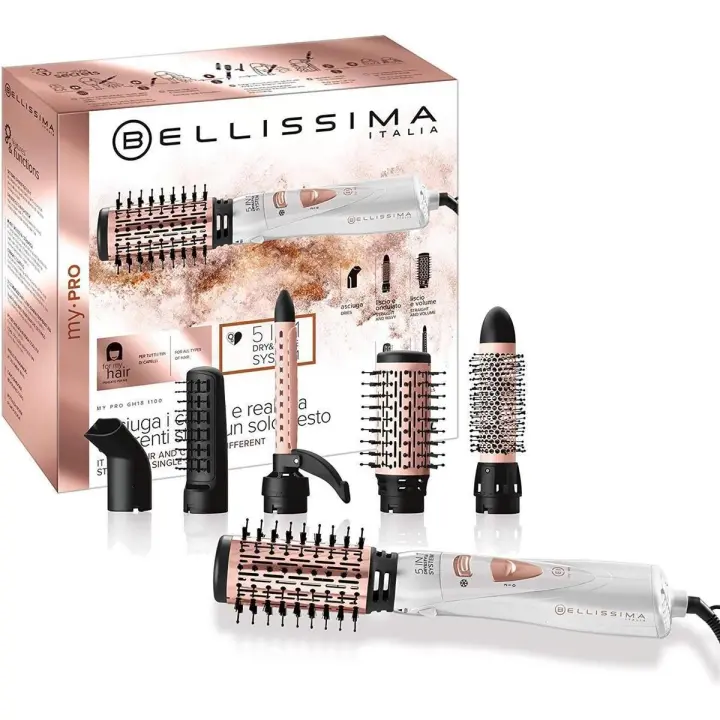 Bellissima My Pro GH18 1100 - Cepillo Moldeador de Aire, Revestimiento en Cerámica, 5 Accesorios para Conseguir Cabellos Lisos y Luminosos, Ondas Suaves o Rizos Marcados, 1000 W - 1