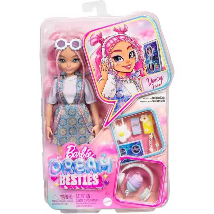 Barbie Dream Besties Daisy Jean Muñeca de moda articulada y accesorios, con ropa intercambiable y el pelo rosa ondulado, incluye 9 piezas de temática musical y de DJ (Mattel JDD74) - 1
