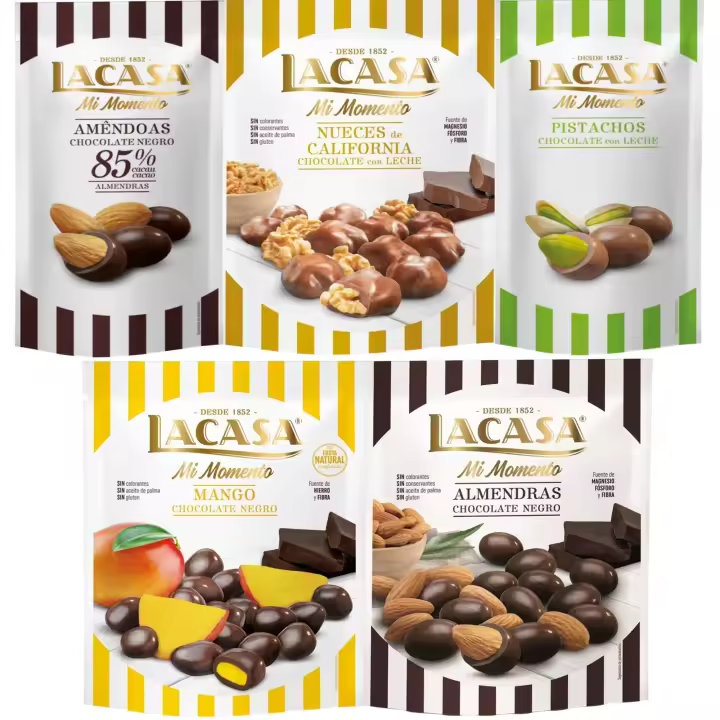 Lacasa Mi Momento pack de 5:Pistacho Chocolate Leche,Almendra 85% ,Nueces Chocolate Leche ,Almendra Chocolate Negro ,Mango Chocolate Negro - 1