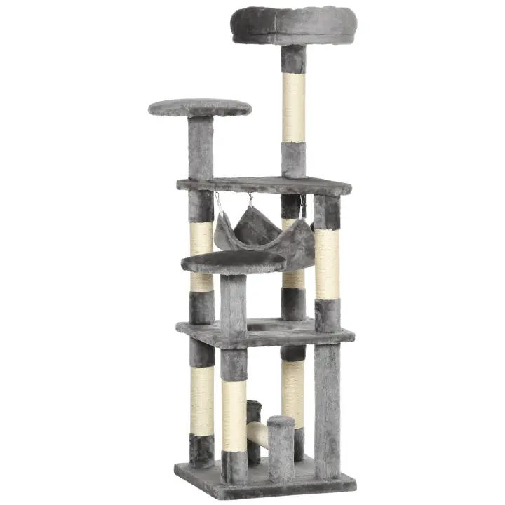 PawHut Árbol para Gatos Rascador para Gatos Torre de Juegos para Gatos Árbol para Trepar para Gatos Rascador para Gatos Hamaca Gris L40 x W40 x H132 cm - 1