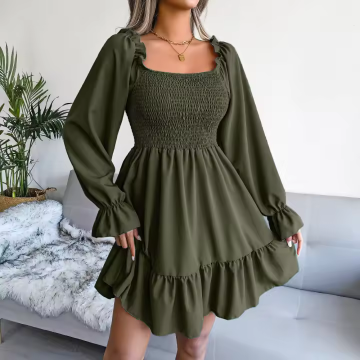 Vestido Elegante Para Mujer Nueva Moda Manga Larga Cuello Cuadrado Casual Color Sólido Otoño Invierno Con Volantes Vestido De Mujer De Pierna Larga Estilo Bohemio - 1