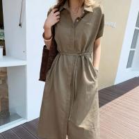 Vestido Camisa De Mujer REALEFT 2024 Primavera Lino Monabroca Con Bolsillo Cintura Alta Casual Suéter Solido Con Cordón - details 2