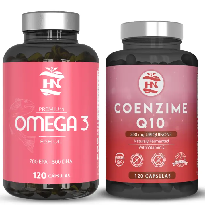 HN - Healthy Nutriton - Pack Omega 3 & Coenzima Q10  - Omega 3 Capsulas 2000 mg a Base de Aceite de Pescado Omega3-120 Perlas - Coenzima Q10 200mg mejora la Energía y Salud Cardiovascular, coq10 con con Vitamina E previene envejecimiento Celular (120caps) - 1