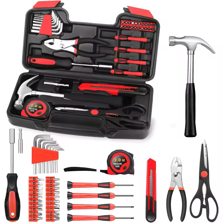 Juego de herramientas de 39 piezas con estuche, herramientas manuales multiusos para el hogar, la oficina y la reparación, acero inoxidable duradero (rojo) - 1