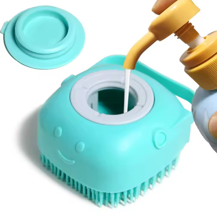 Cepillo de baño para perros, cepillo de masaje para mascotas, dispensador de champú, cepillos de silicona suave con cerdas de goma (azul) - 1
