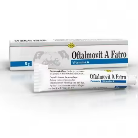 Oftalmovit A Pomada 5 gr  Producto a base de Vitamina A de administración oftálmica, para preservar las condiciones fisiológicas del ojo de perros y gatos. - 1