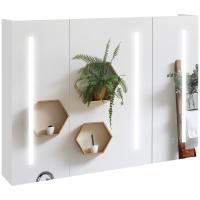 kleankin Armario con Espejo de Baño con Luz LED Mueble de Pared Colgante con 3 Puertas Estantes Ajustables Interruptor Táctil y USB 90x15x70 cm Blanco Brillante - details 0
