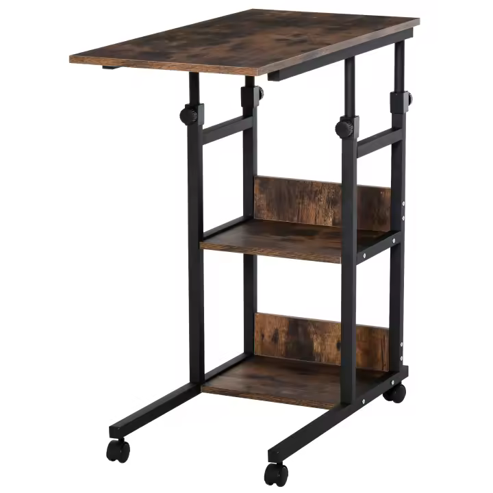 HOMCOM Mesa Auxiliar Mesa de Centro con Ruedas, Mesita de Noche Regulable en Altura con 2 Estantes Inferiores, Mesa de Sofá para Comedor Salón, Metal,80x40x72-82 cm - 1