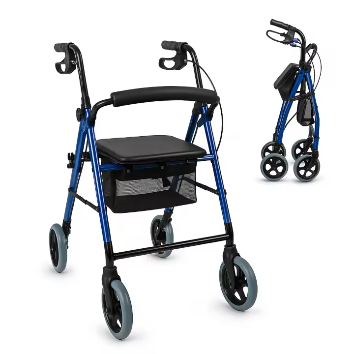 Mobiclinic Hércules Rollator para ancianos y minusválidos andador para mayores de aluminio ligero cesta frenos en los puños plegable con asiento y 4 ruedas azul - 1