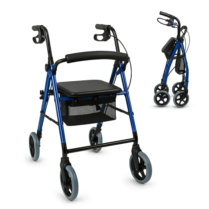 Mobiclinic Hércules Rollator para ancianos y minusválidos andador para mayores de aluminio ligero cesta frenos en los puños plegable con asiento y 4 ruedas azul - 1