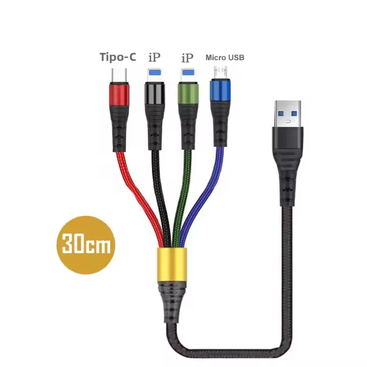 Cable De Carga USB Tipo C 4 En 1 Para iPhone 14 pro Max 3 En 1 Para Samsung Xiaomi Huawei Y Más Cable Micro 2 En 1 PVC Braided - 1