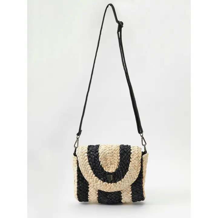 Koroshi Bolso tipo bandolera efecto yute convertible en cartera con Asas larga de hombro efecto piel extraíble con Cierre mediante imán de color Negro para Mujer - 1