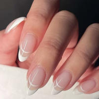 24PCS Uñas Postizas De Alergias Almendradas Con Rayas Blancas Y Línea Plateada Brillante Estilo Francés Para Mujeres Moda Uñas De Fiesta - details 24