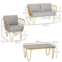 Outsunny Conjunto de Jardín de Ratán Sintético Juego de 4 Piezas Muebles de Jardín con Sofá de 2 Plazas 2 Sillones y Mesa de Centro con Encimera de Cristal y Cojines Extraíbles Natural y Gris - details 2