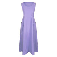 Vestido Sin Mangas De Algodón Y Lino Para Mujer Vestido De Verano Casual Cuello En V Largo Hasta La Rodilla Con Bolsillos - details 18