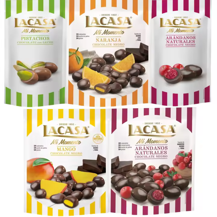 Lacasa Mi Momento pack de 5:Arándano Choco Negro ,Pistacho Choco Leche,Arándano Choco Negro ,Naranja Choco Negro ,Mango Choco Negro - 1