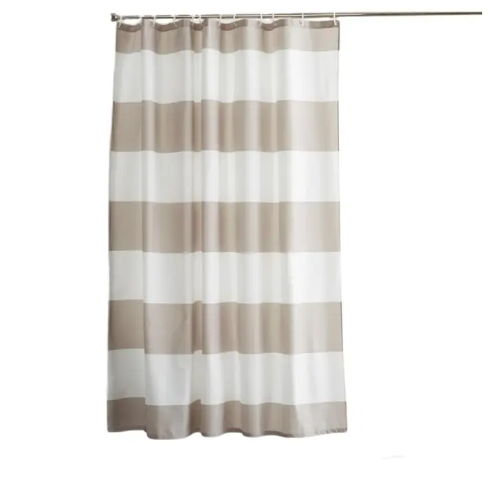Cortina de Ducha de Tela Resistente a Agua y al Moho, con Ojales y Ganchos, Lavable a Máquina, 180x180 cm, Color Beis a Rayas - 1