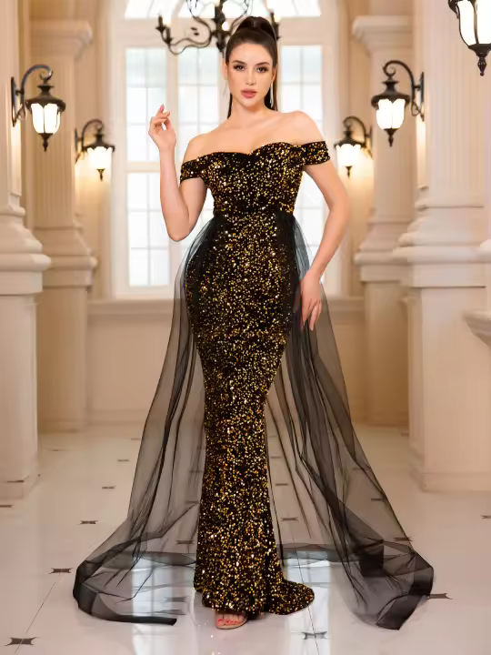 Vestido De Noche Romagic En El Hombro Rosa Con Cola Vestido De Boda De Velocidad Para Mujer Espalda Descubierta Estrellado En Velocidad Fiesta De Premios De 2025 - 1