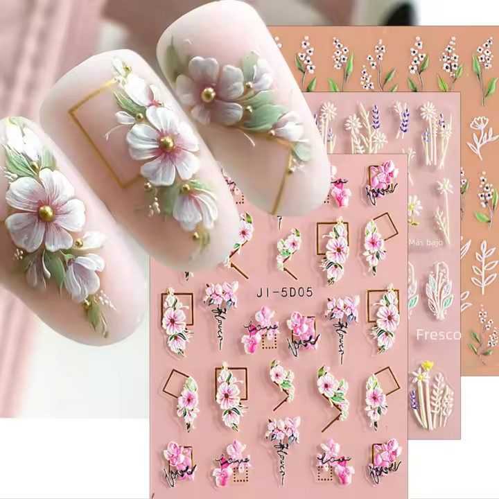 3 Hojas De Adornos Para Uñas Con Estampado De Flores Y Hojas Embossadas Autoadhesivas Accesorios Para Manicura Decoración De Uñas - 1