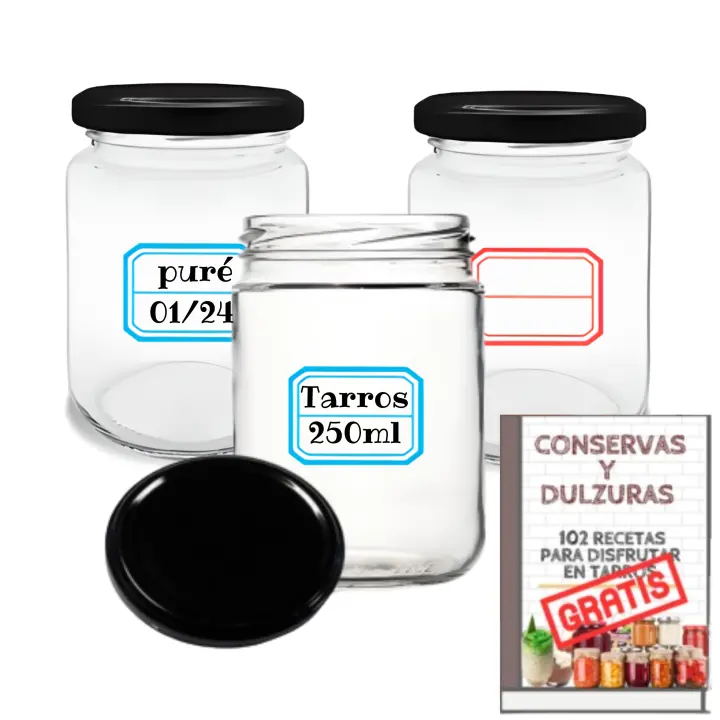 MundoTarros - 12 Tarros de Cristal de 250 ml con Tapa de metal de Rosca Hermética + Ebook de 102 Recetas - Tarritos para Postres, Mermelada, yogur, salsas - Incluye Etiquetas - 1