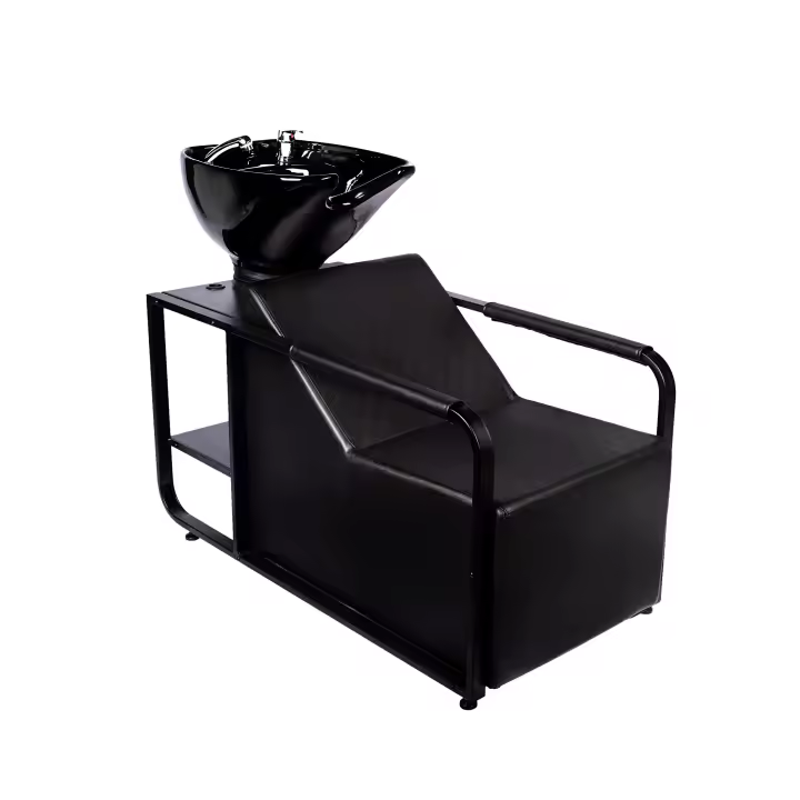 Lavacabezas para peluquería todo en color negro, con estructura resistente y cerámica negra con grifería profesional - 1