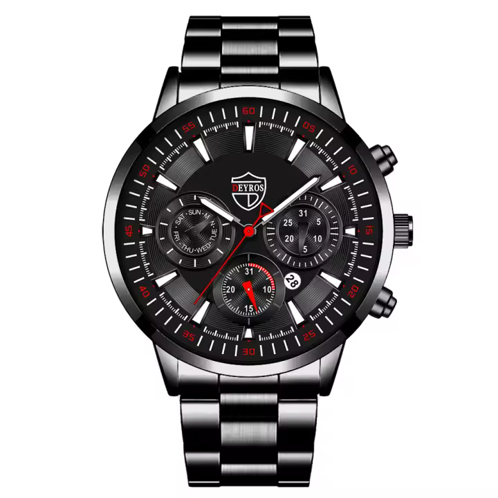 Reloj De Pulsera Deportivo Para Hombre Moda Lujo Negro Acero Inoxidable Reloj De Cuarzo Casual Negocios Luminoso Completo Calendario - 1