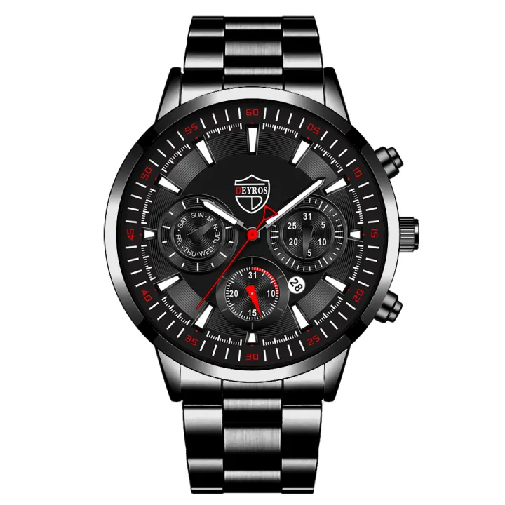 Reloj De Pulsera Deportivo Para Hombre Moda Lujo Negro Acero Inoxidable Reloj De Cuarzo Casual Negocios Luminoso Completo Calendario - 1