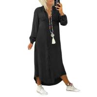 Vestido Largo Casual Para Mujer De Color Sólido Con Mangas Largas Y Bolsillos Diseño De Botón Vestido De Camisa Versátil De Moda - details 5