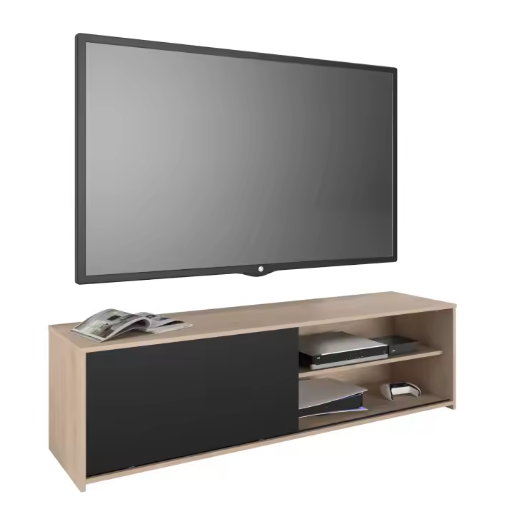 Mueble de TV Trevo Salón Moderno con Puerta Corredera en color Negro y Roble Jackson 155x43x40 cm - 1