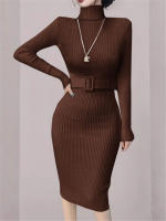 Vestido De Térmica Otoño Invierno Para Mujer Seoulish Con Cuello Alto Y Manga Larga Cinturado Estilo Elegante Oficina Longitud Rodilla Ajustado Bodycon - details 7