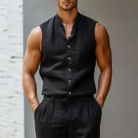 Camisa INCERUN Para Hombre De Color Sólido Cuello Erguido Sin Mangas Botones Estilo Casual Verano Moda Streetwear Tallas S-5XL - details 1