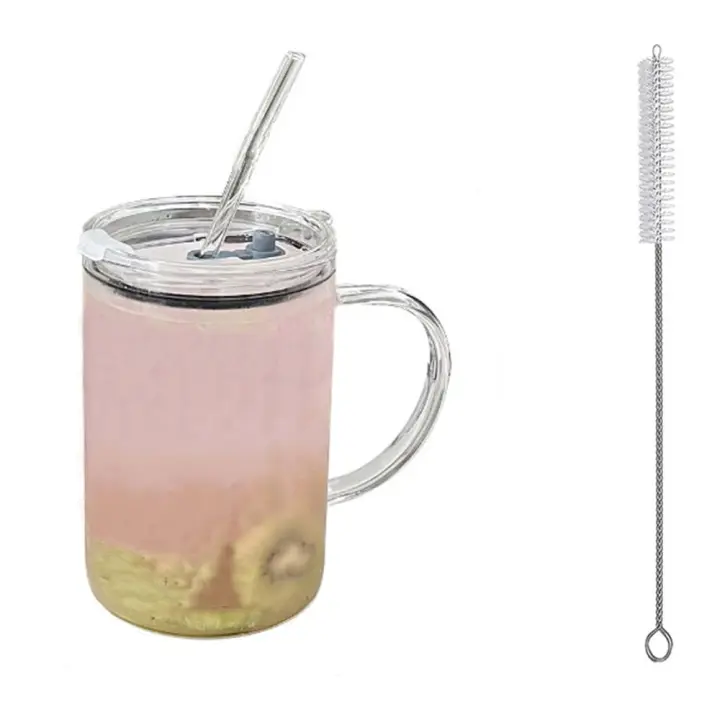 Vaso De Vidrio De 1L Con Tapa Y Pajita Taza De Café Con Mangos Transparente Para Bebidas Leche Y Jugo Vaso Para Mocha - 1